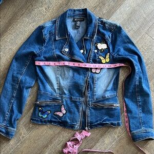 INC International Concepts Blue Denim Jacket with Floral and Butterfly Patches
